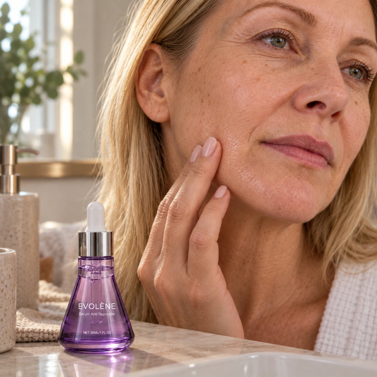 Une femme masse délicatement son menton avec le sérum Evolène
