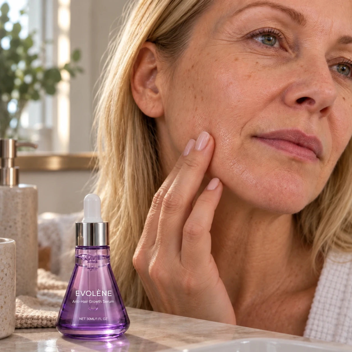A woman gently massages Evolène serum into her chin